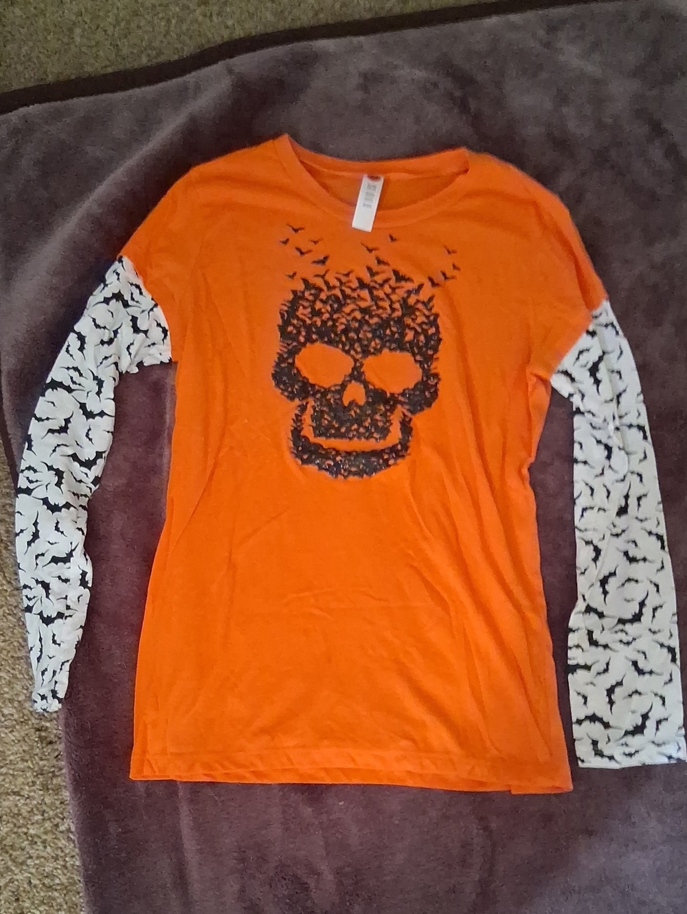 Ladies Orange Skull Graphic Long-Sleeve Layered Tee